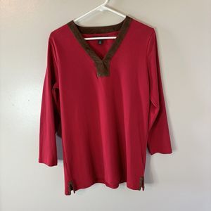 Lauren Ralph Lauren Women’s Red Long Sleeve Top Faux Suede Neckline Sz L…
